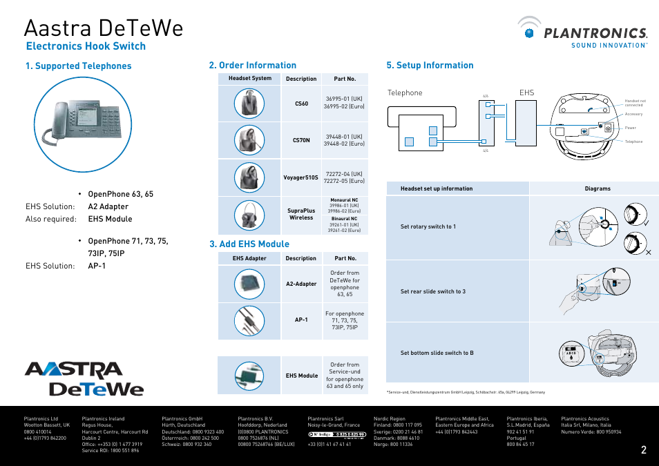 Aastra detewe, Electronics hook switch, Setup information | Supported telephones, Order information, Add ehs module | Plantronics VOYAGER CS60 User Manual | Page 3 / 17