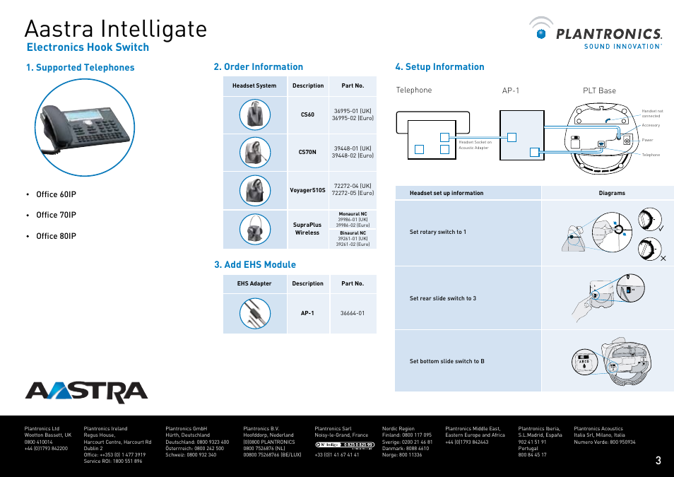 Aastra intelligate, Electronics hook switch, Setup information | Supported telephones, Order information, Add ehs module | Plantronics VOYAGER CS60 User Manual | Page 4 / 17