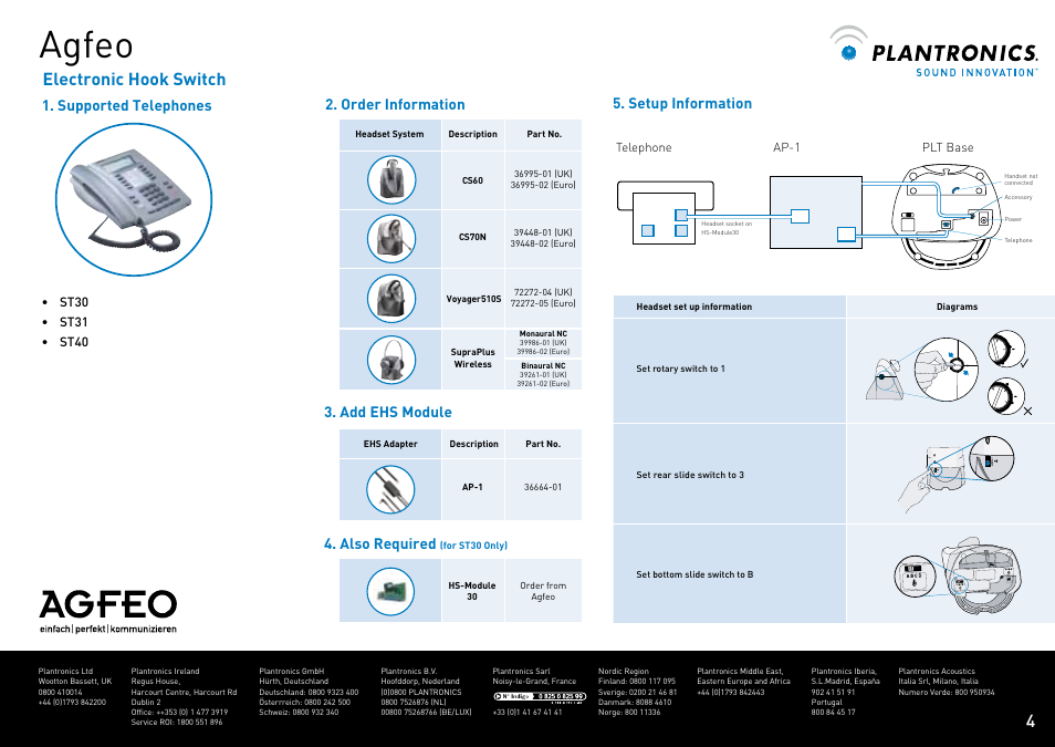 Agfeo, Electronic hook switch, Supported telephones 5. setup information | Order information, Also required, Add ehs module | Plantronics VOYAGER CS60 User Manual | Page 5 / 17
