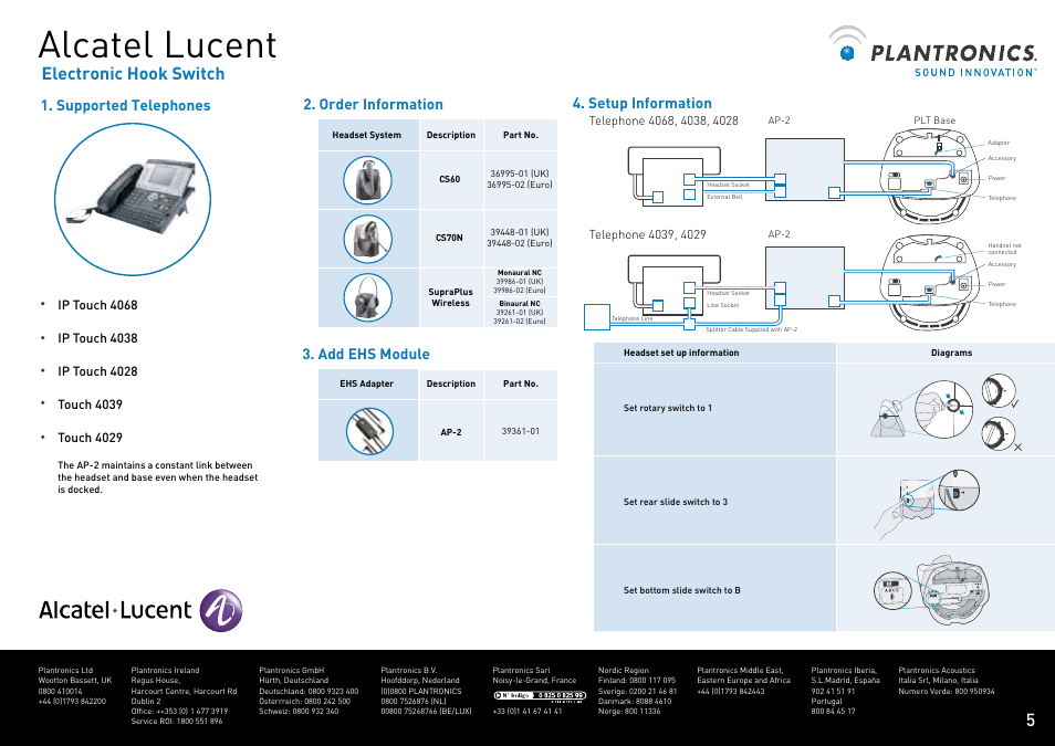 Alcatel lucent, Electronic hook switch, Supported telephones 4. setup information | Add ehs module 2. order information | Plantronics VOYAGER CS60 User Manual | Page 6 / 17