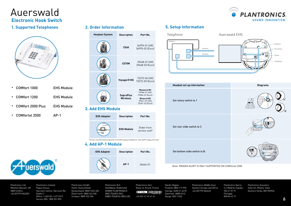 Auerswald, Electronic hook switch, Setup information | Supported telephones, Order information, Add ehs module, Add ap-1 module | Plantronics VOYAGER CS60 User Manual | Page 7 / 17