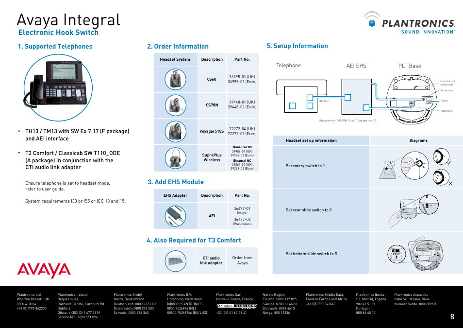 Avaya integral, Electronic hook switch, Supported telephones 5. setup information | Add ehs module, Also required for t3 comfort, Order information | Plantronics VOYAGER CS60 User Manual | Page 9 / 17