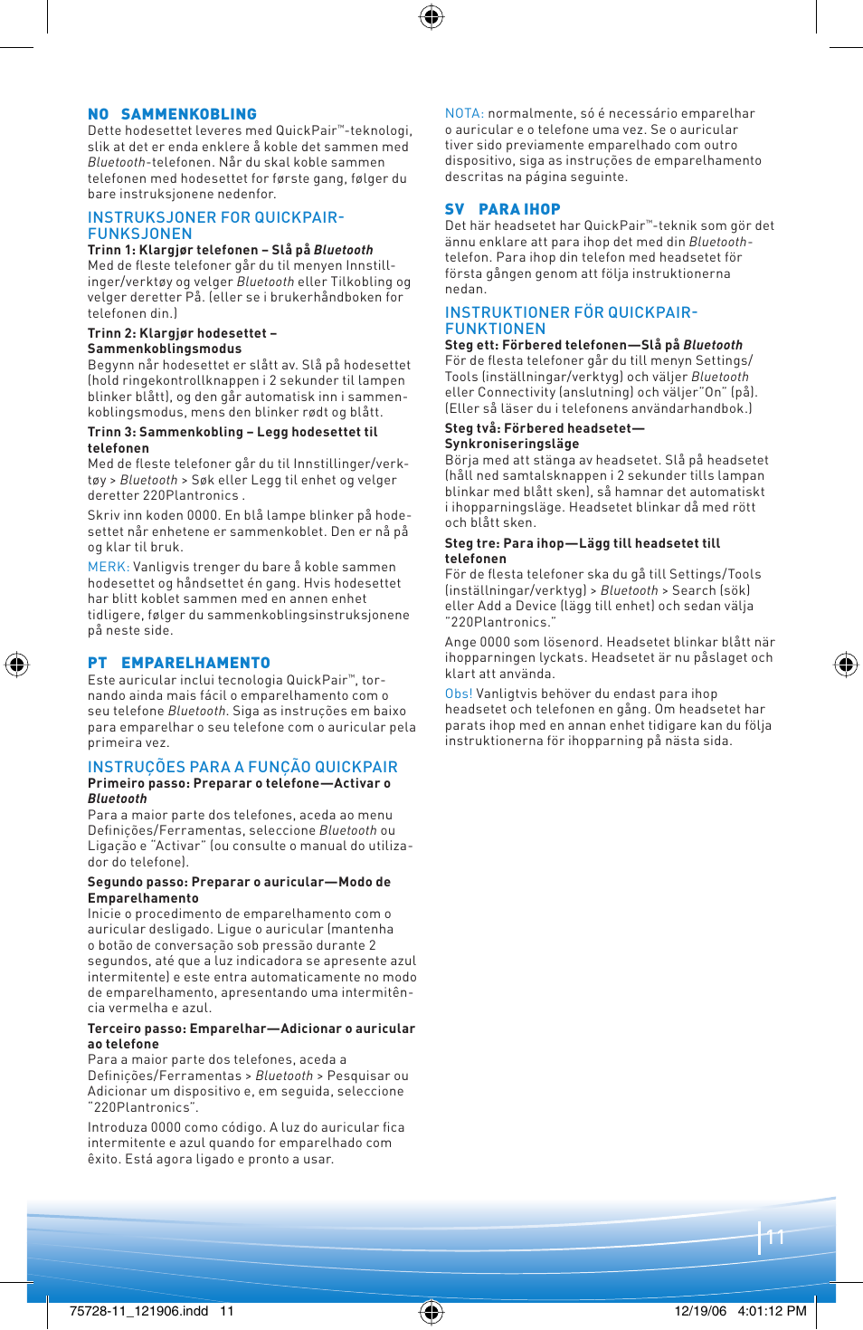 Plantronics BLUETOOTH HEADSET 220 SERIES User Manual | Page 11 / 40