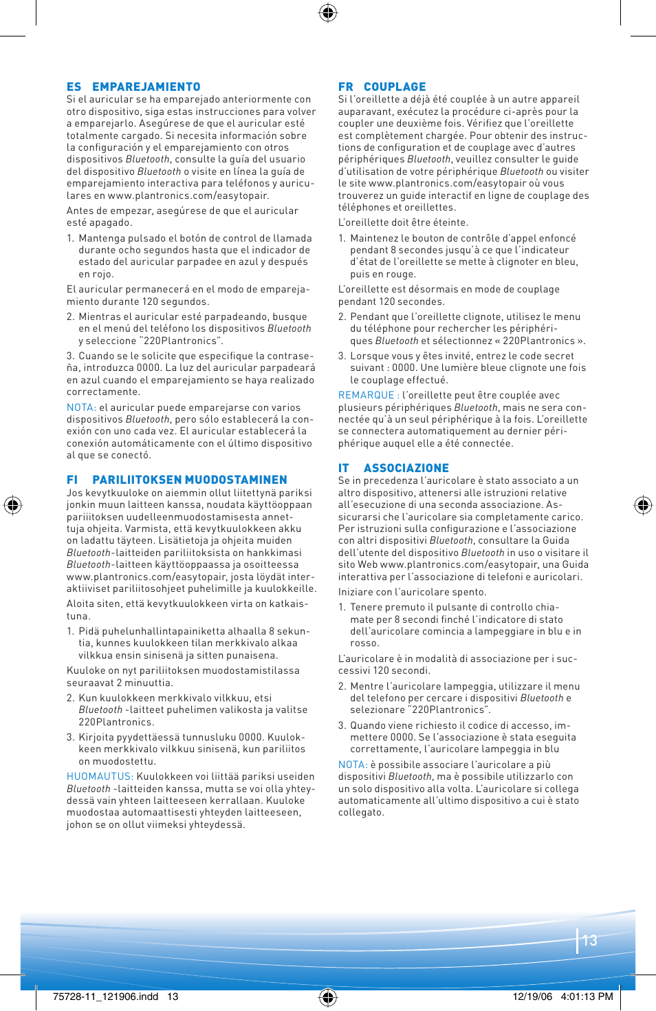 Plantronics BLUETOOTH HEADSET 220 SERIES User Manual | Page 13 / 40