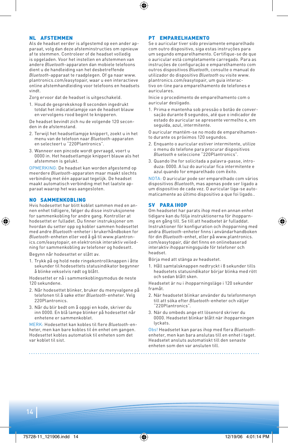 Plantronics BLUETOOTH HEADSET 220 SERIES User Manual | Page 14 / 40