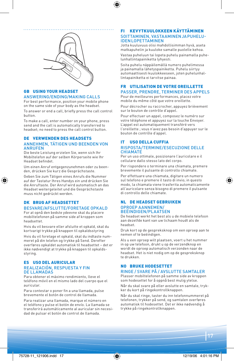 Plantronics BLUETOOTH HEADSET 220 SERIES User Manual | Page 17 / 40