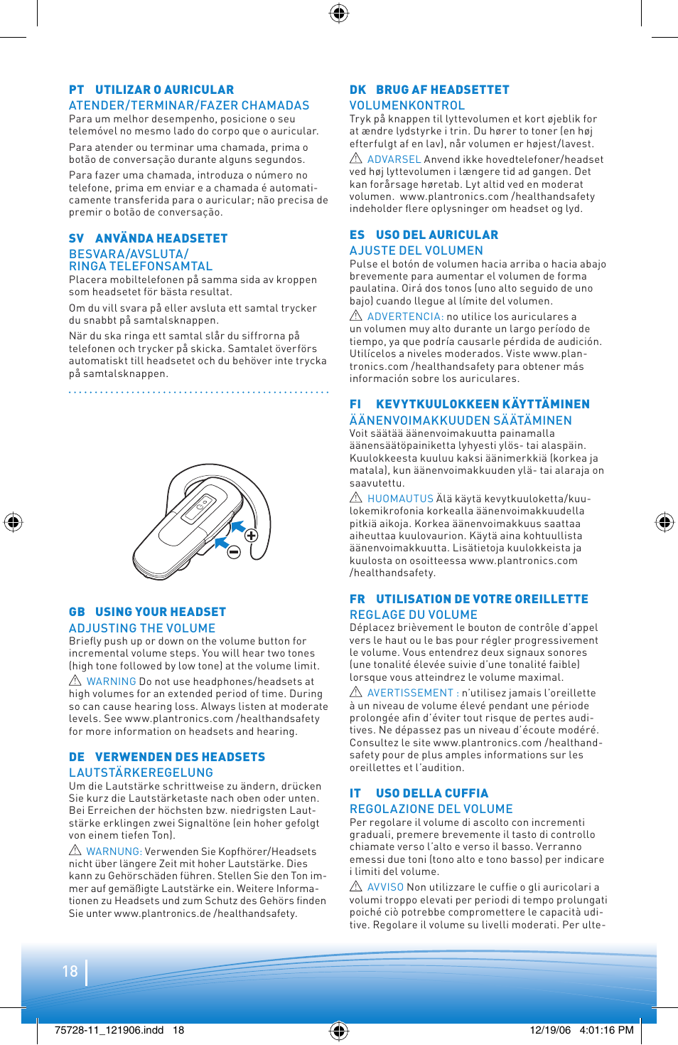 Plantronics BLUETOOTH HEADSET 220 SERIES User Manual | Page 18 / 40