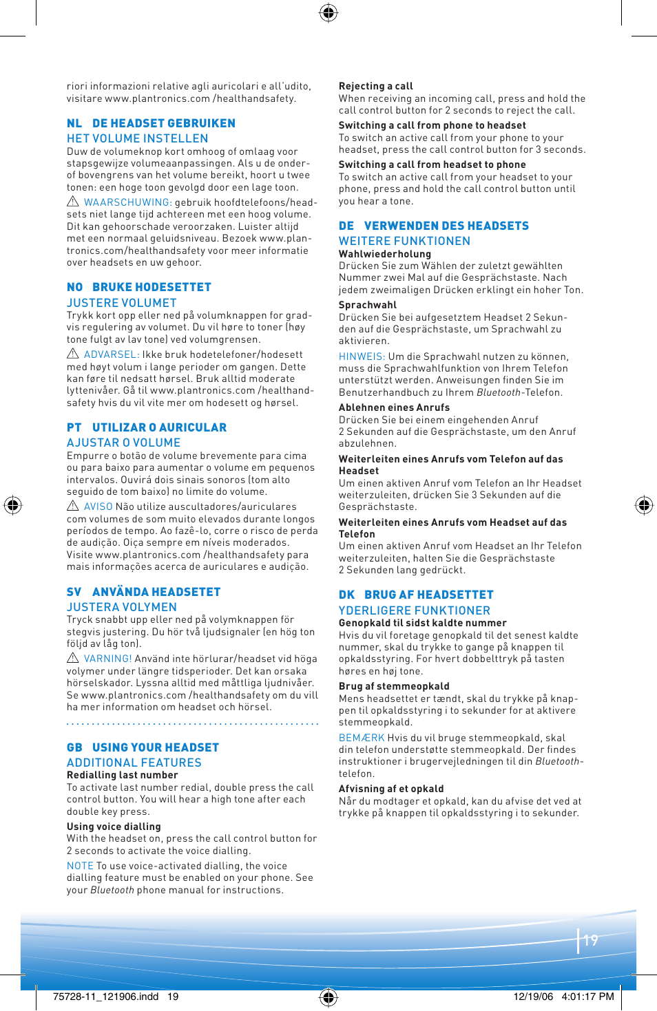 Plantronics BLUETOOTH HEADSET 220 SERIES User Manual | Page 19 / 40