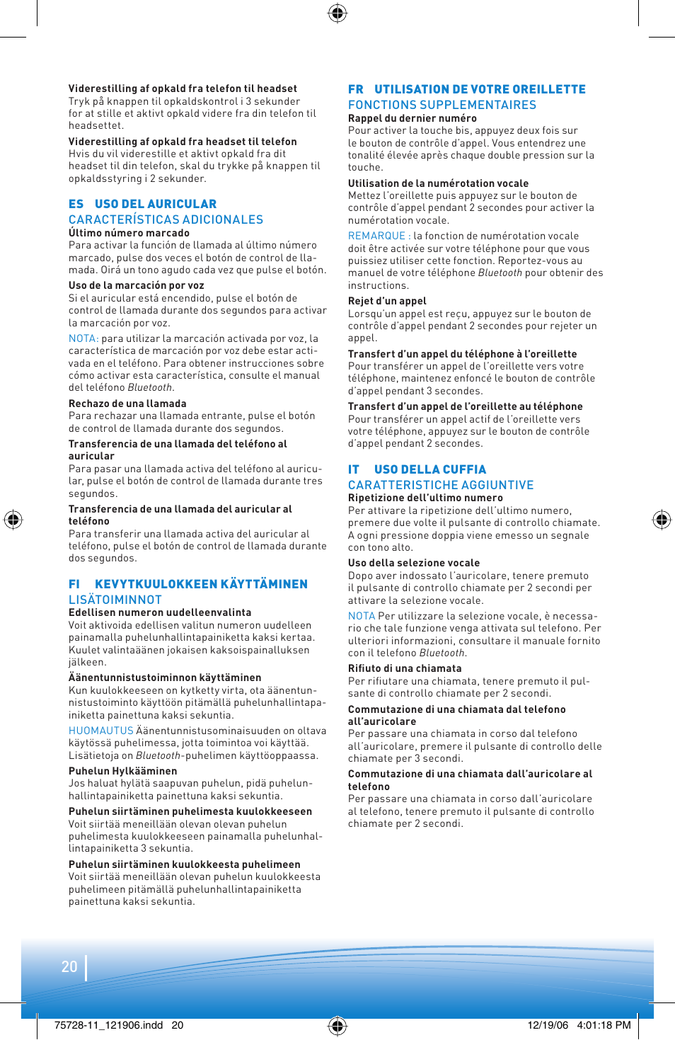 Plantronics BLUETOOTH HEADSET 220 SERIES User Manual | Page 20 / 40