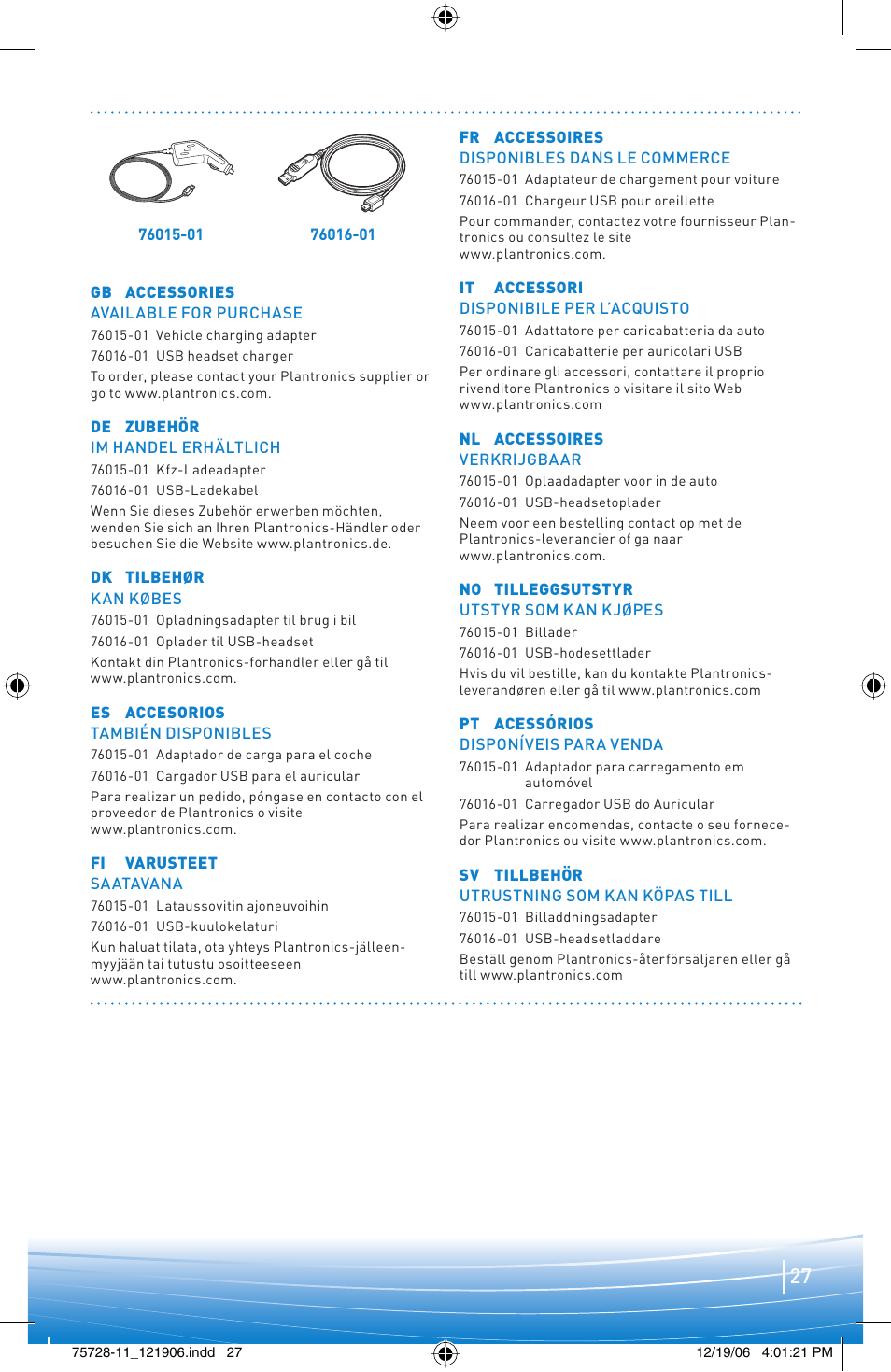 Plantronics BLUETOOTH HEADSET 220 SERIES User Manual | Page 27 / 40