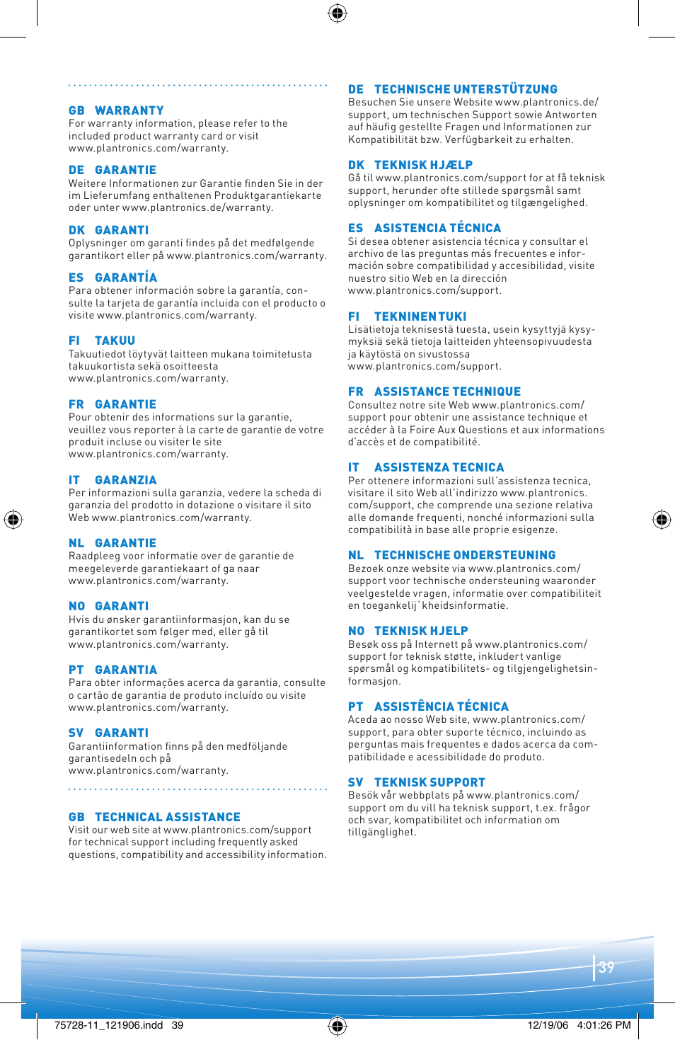 Plantronics BLUETOOTH HEADSET 220 SERIES User Manual | Page 39 / 40