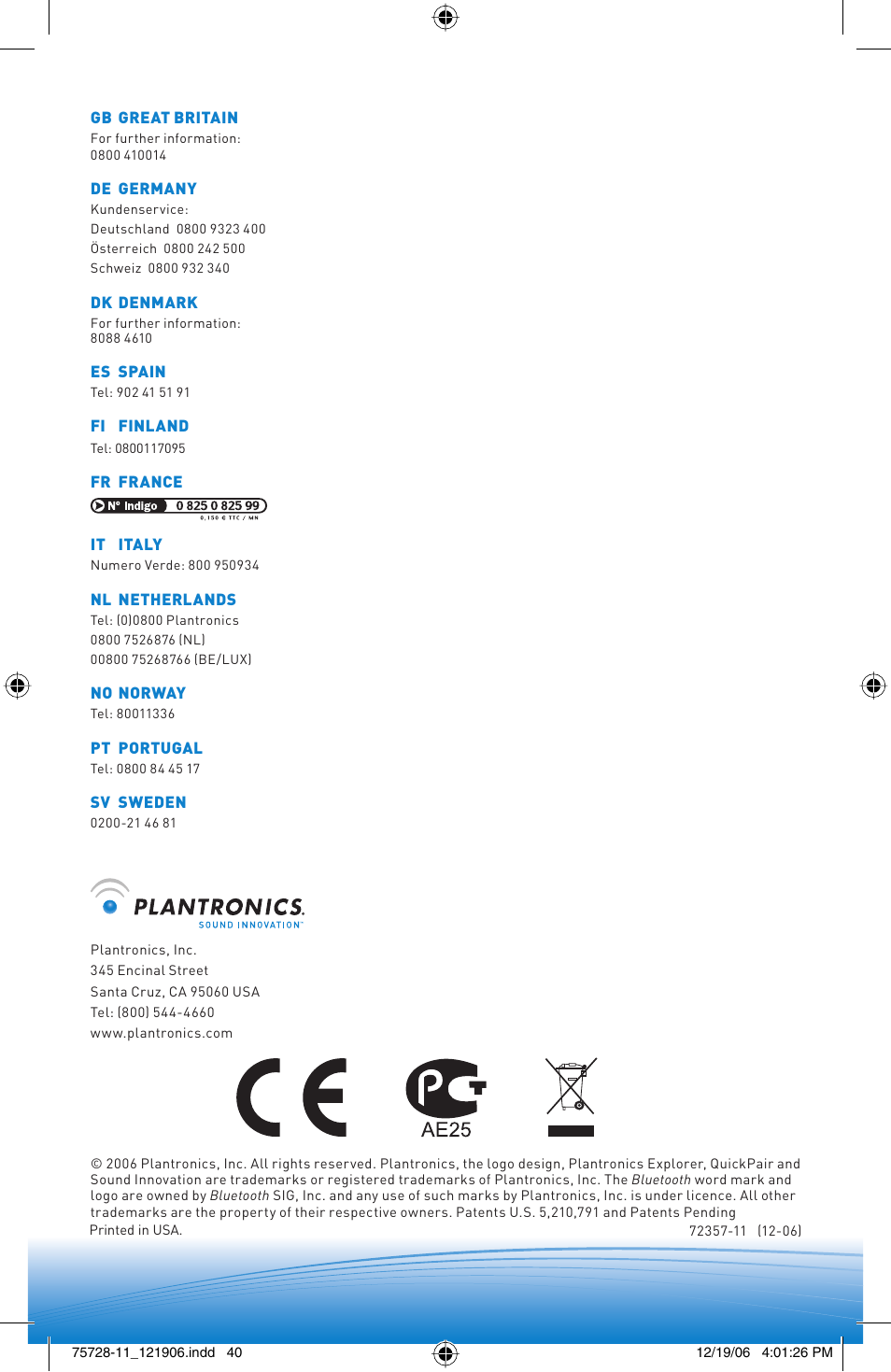 Plantronics BLUETOOTH HEADSET 220 SERIES User Manual | Page 40 / 40