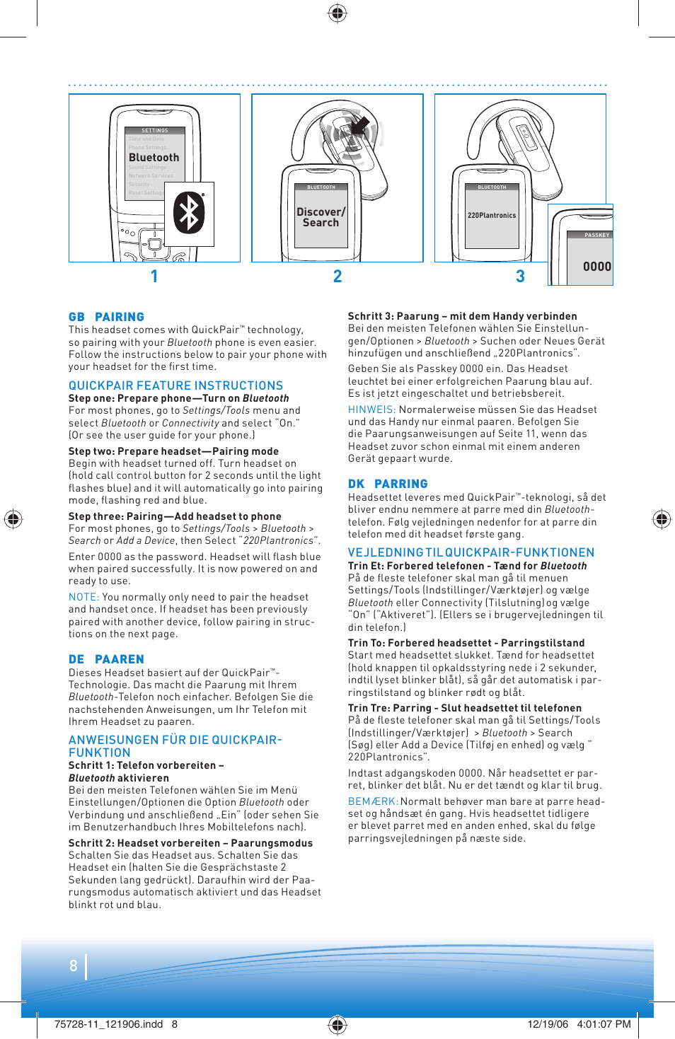 Gb pairing, Quickpair feature instructions, De paaren | Anweisungen für die quickpair- funktion, Dk parring, Vejledning til quickpair-funktionen | Plantronics BLUETOOTH HEADSET 220 SERIES User Manual | Page 8 / 40