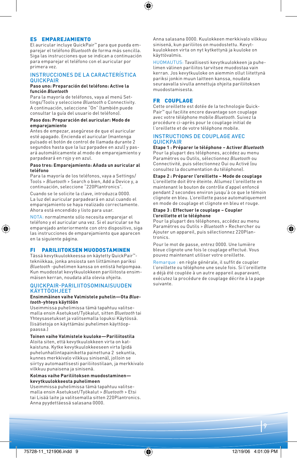 Plantronics BLUETOOTH HEADSET 220 SERIES User Manual | Page 9 / 40