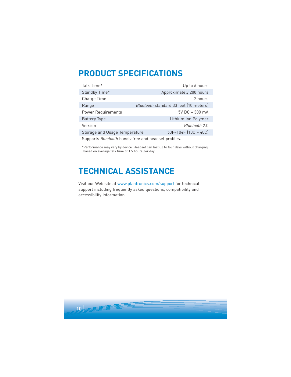 Technical assistance product specifications | Plantronics explorer 220 User Manual | Page 10 / 12