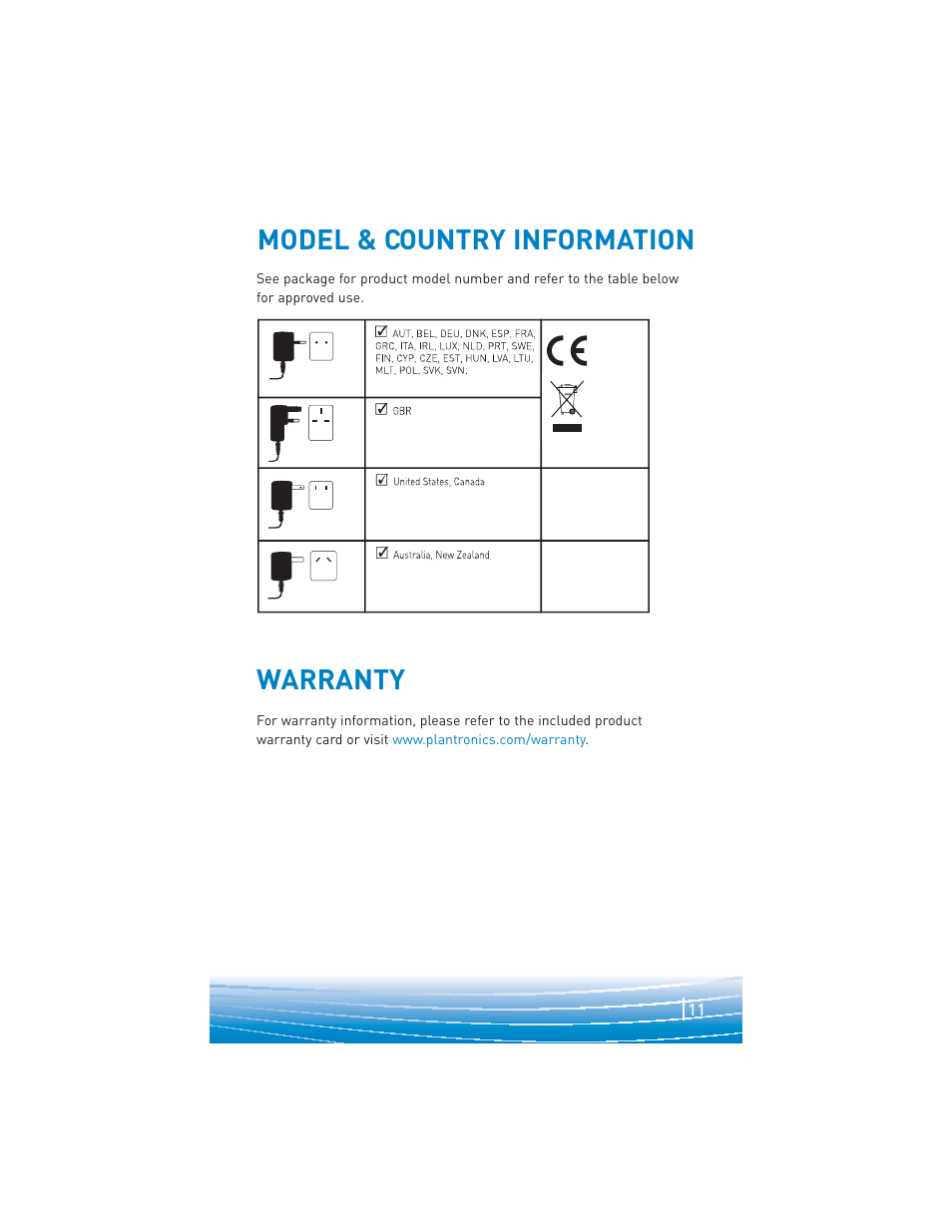 Model & country information, Warranty | Plantronics explorer 220 User Manual | Page 11 / 12