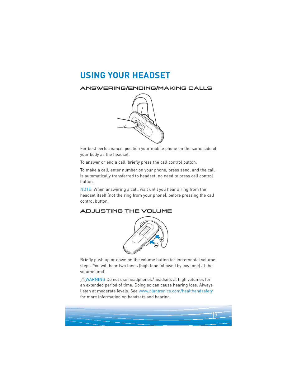 Using your headset | Plantronics explorer 220 User Manual | Page 7 / 12