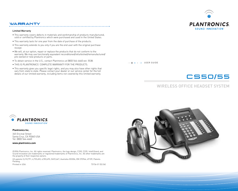 Warranty, Cs50/55, Wireless office headset system | Plantronics CS55 User Manual | Page 13 / 13