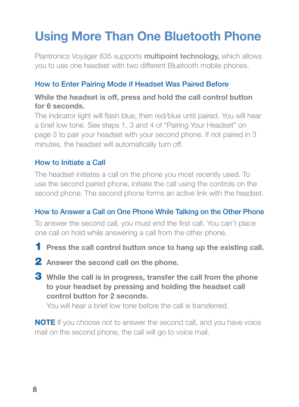 Using more than one bluetooth phone | Plantronics Voyager 835 User Manual | Page 12 / 17