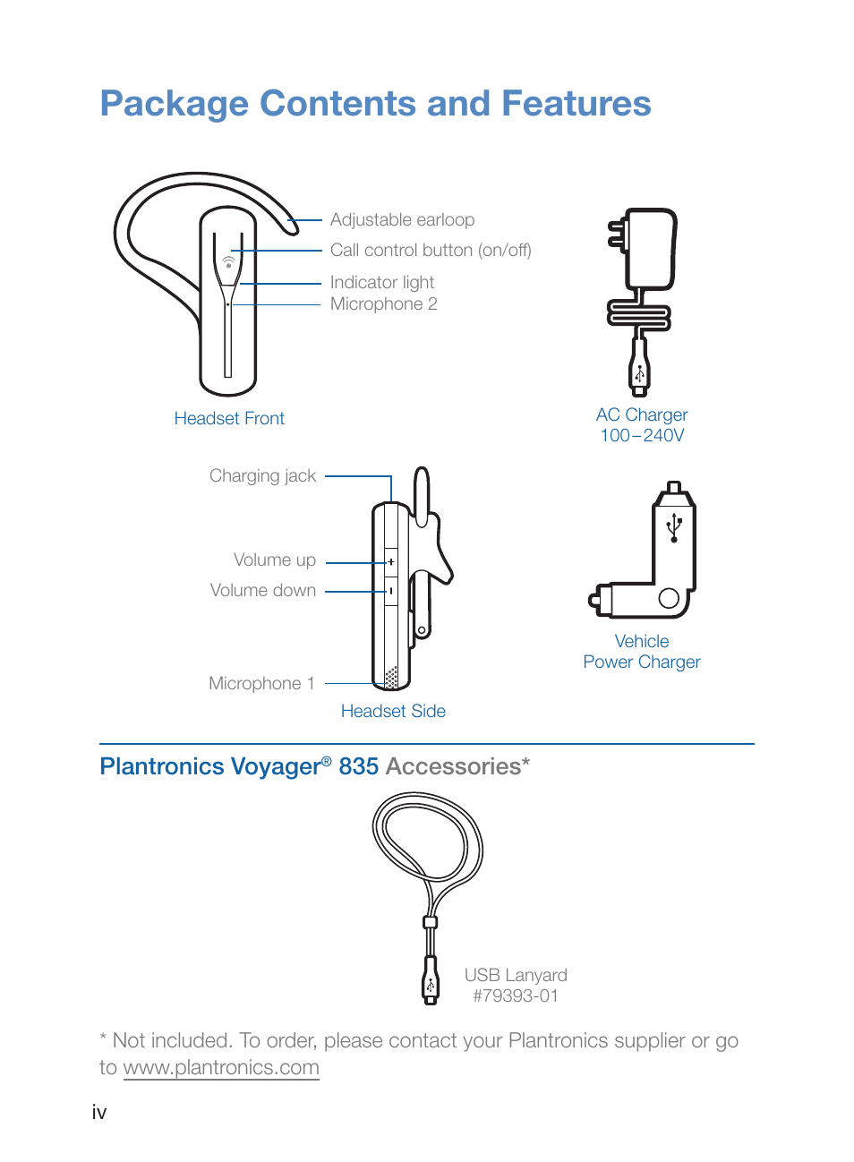 Package contents and features, Plantronics voyager, 835 accessories | Plantronics Voyager 835 User Manual | Page 4 / 17