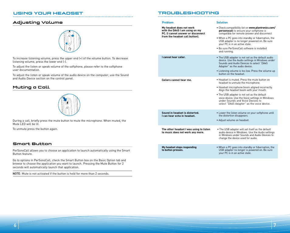 Using your headset troubleshooting | Plantronics DA45 User Manual | Page 4 / 5