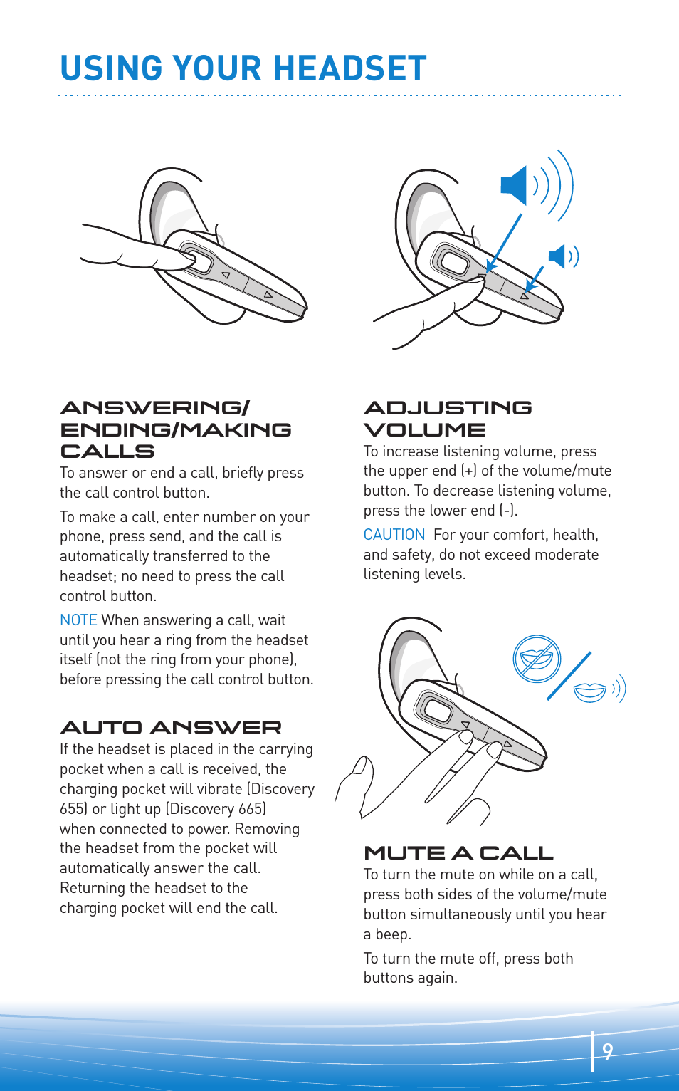 Using your headset | Plantronics .Audio 655 User Manual | Page 9 / 16