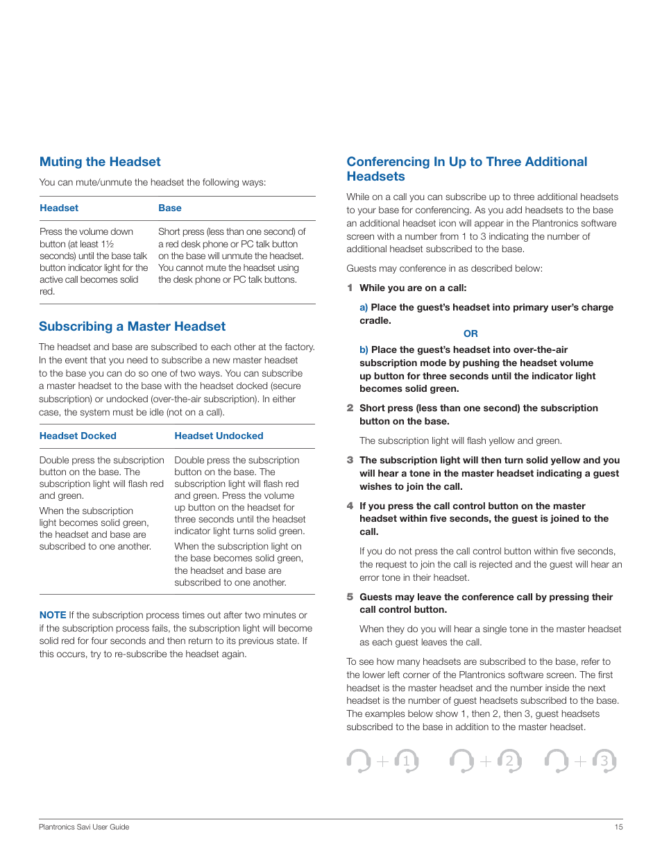 Conferencing in up to three additional headsets, Subscribing a master headset, Muting the headset | Plantronics WO101 User Manual | Page 15 / 25