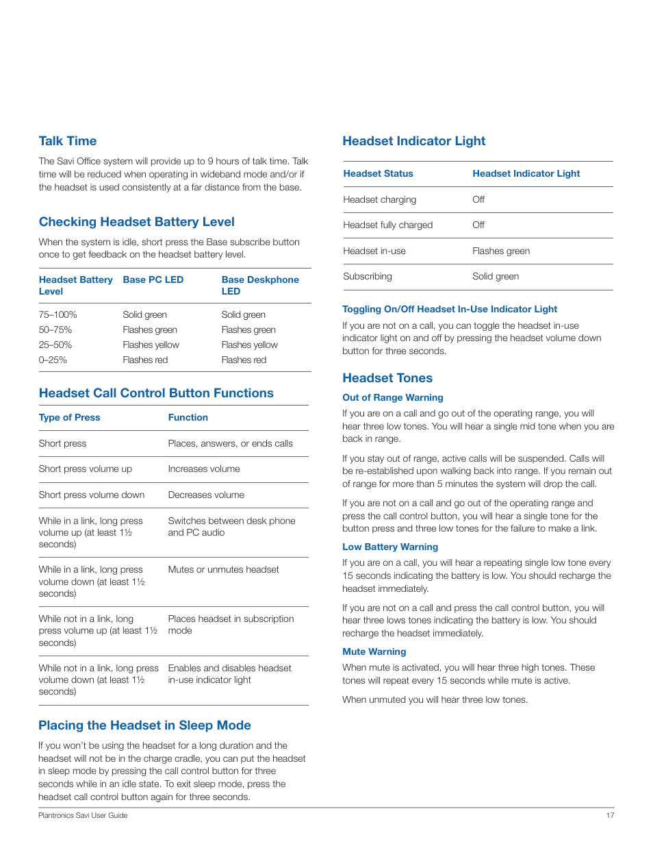 Headset indicator light, Headset tones, Headset call control button functions talk time | Checking headset battery level, Placing the headset in sleep mode | Plantronics WO101 User Manual | Page 17 / 25