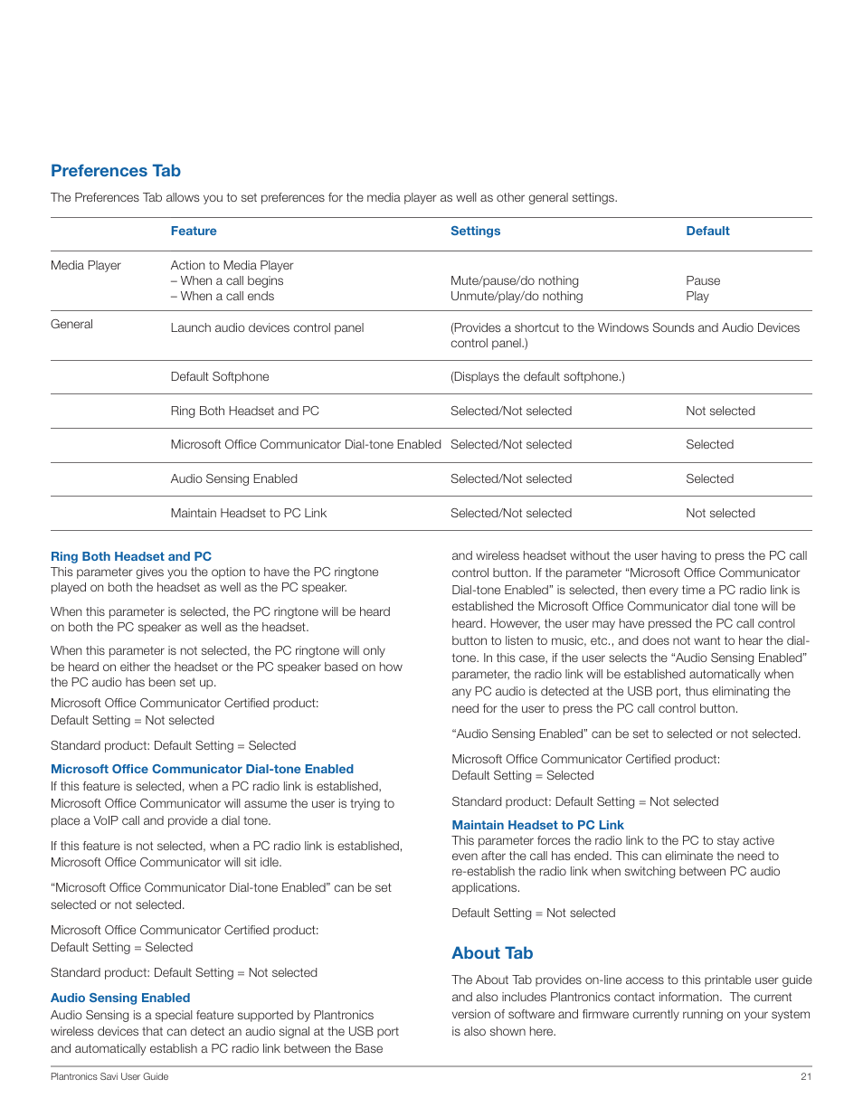 Preferences tab, About tab | Plantronics WO101 User Manual | Page 21 / 25