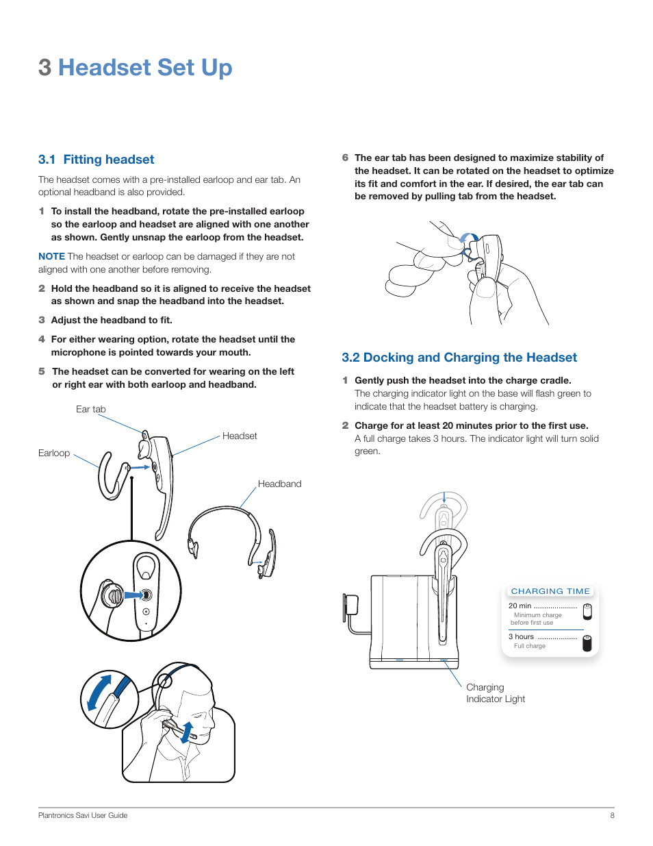 3headset set up, 1 fitting headset, 2 docking and charging the headset | Plantronics WO101 User Manual | Page 8 / 25