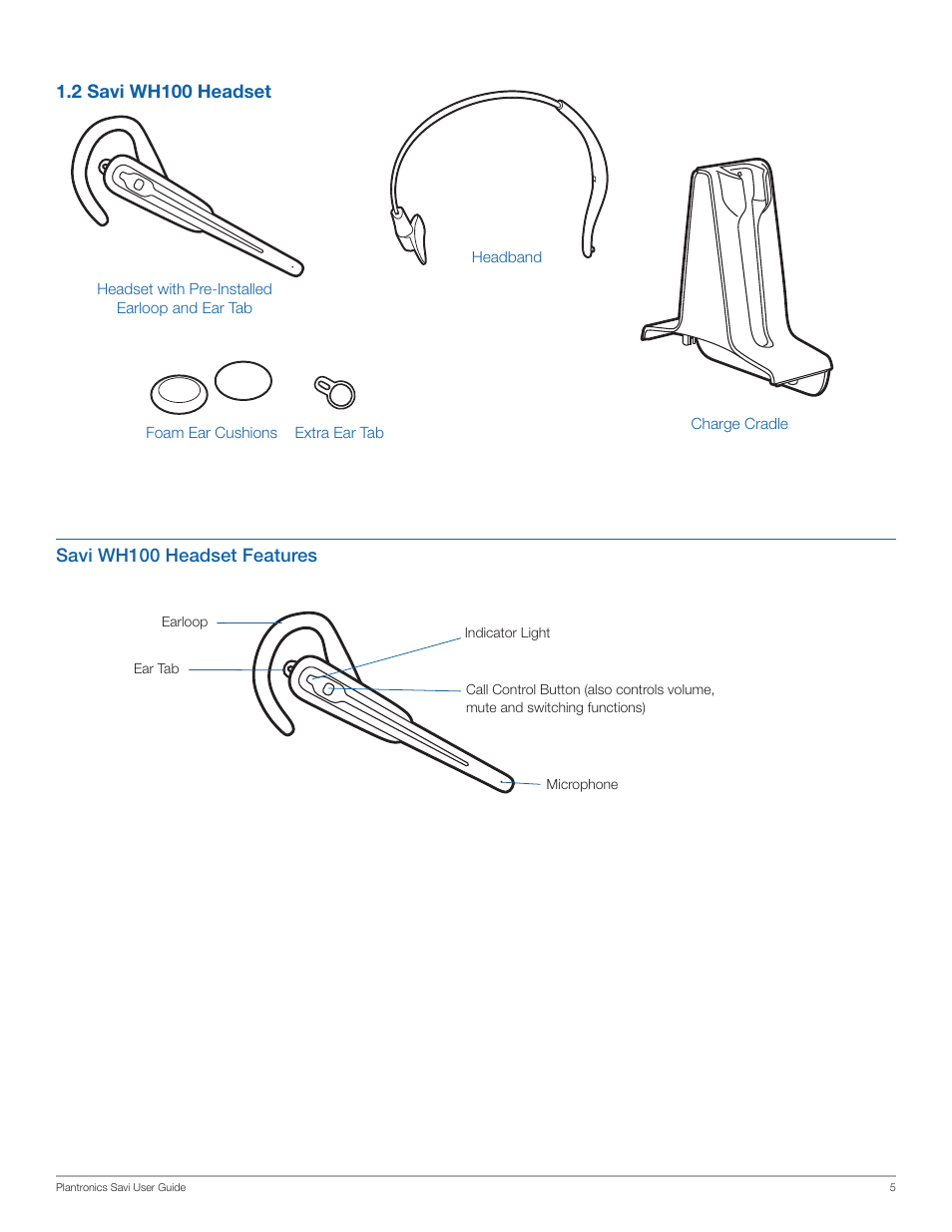 2 savi wh100 headset, Savi wh100 headset features | Plantronics WO100 User Manual | Page 5 / 28