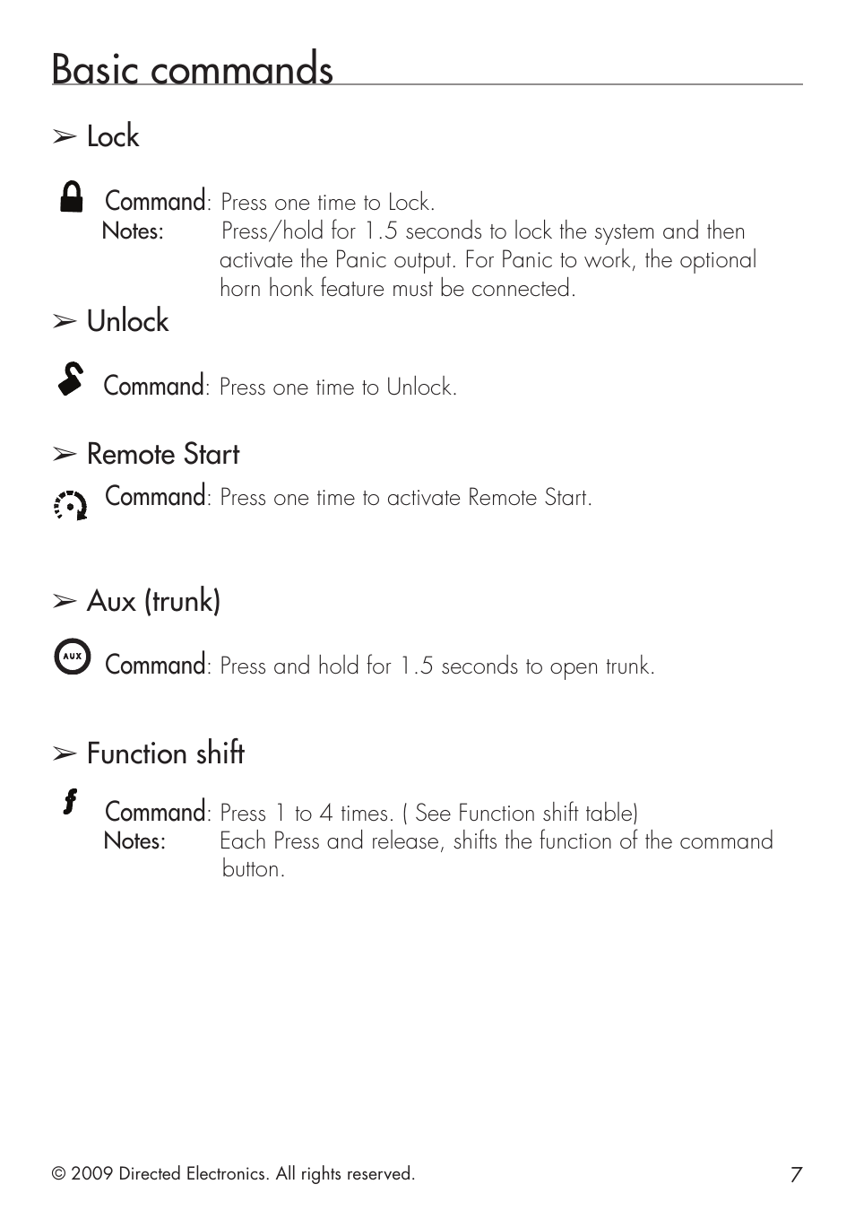 Basic commands, Lock, Unlock | Remote start, Aux (trunk), Function shift, Command | Python 1401 User Manual | Page 15 / 44