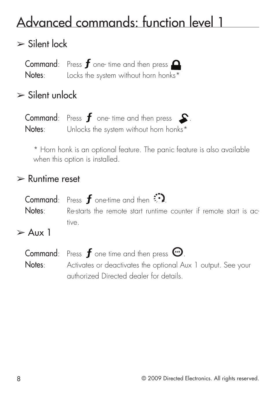 Advanced commands: function level 1, Silent lock, Silent unlock | Runtime reset, Aux 1, Command, Press, One- time and then press, Locks the system without horn honks, One-time and then | Python 1401 User Manual | Page 16 / 44