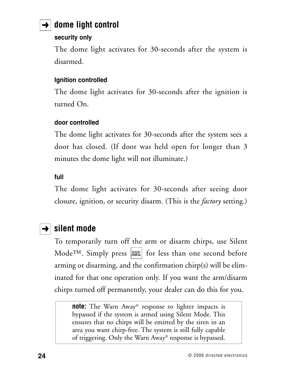 Dome light control, Silent mode | Python 702 User Manual | Page 23 / 53