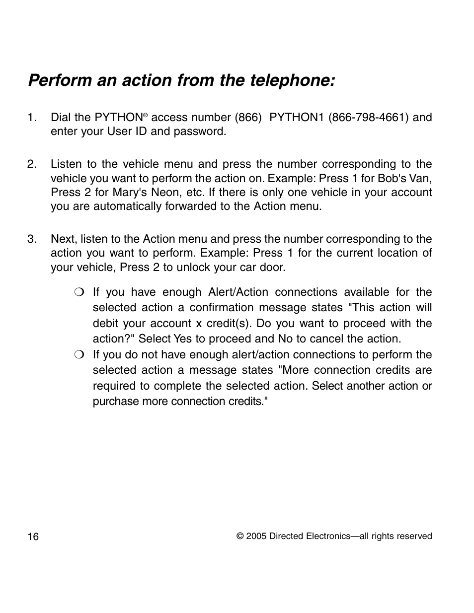 Perform an action from the telephone | Python GPS tracking User Manual | Page 15 / 32