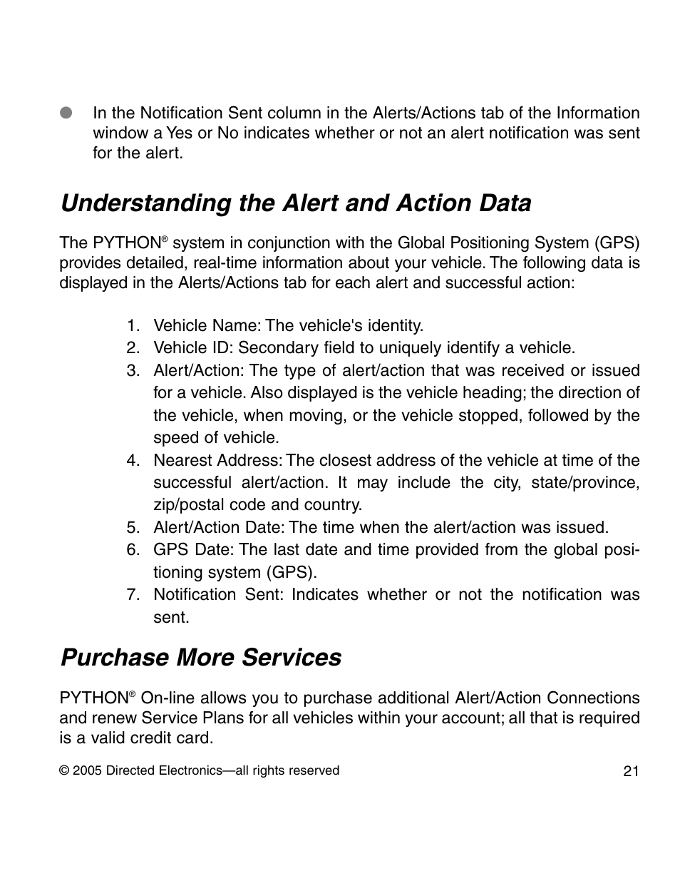 Understanding the alert and action data, Purchase more services | Python GPS tracking User Manual | Page 20 / 32