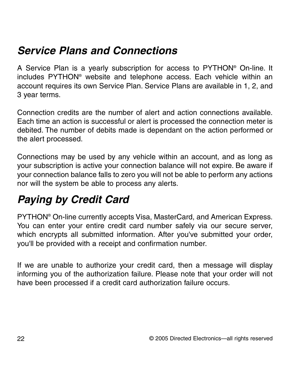 Service plans and connections, Paying by credit card | Python GPS tracking User Manual | Page 21 / 32