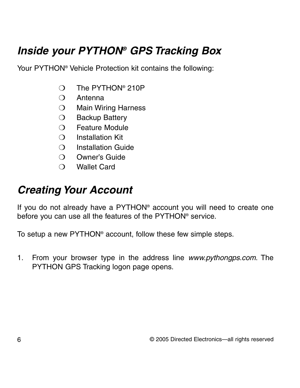 Inside your python, Gps tracking box, Creating your account | Python GPS tracking User Manual | Page 5 / 32