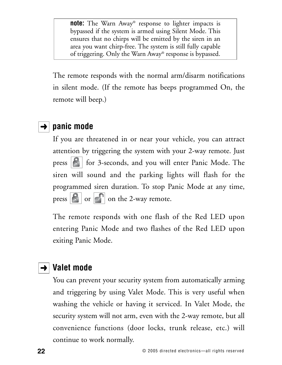 Panic mode, Valet mode | Python 871XP User Manual | Page 25 / 52