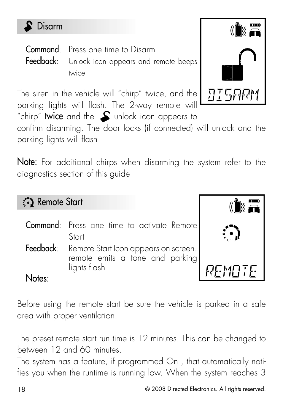 Disarm, Twice, Remote start | Python 991 User Manual | Page 18 / 60