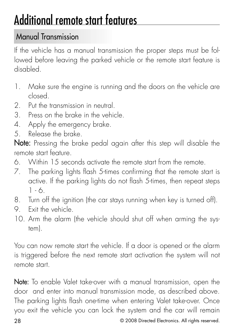 Additional remote start features, Manual transmission | Python 991 User Manual | Page 28 / 60