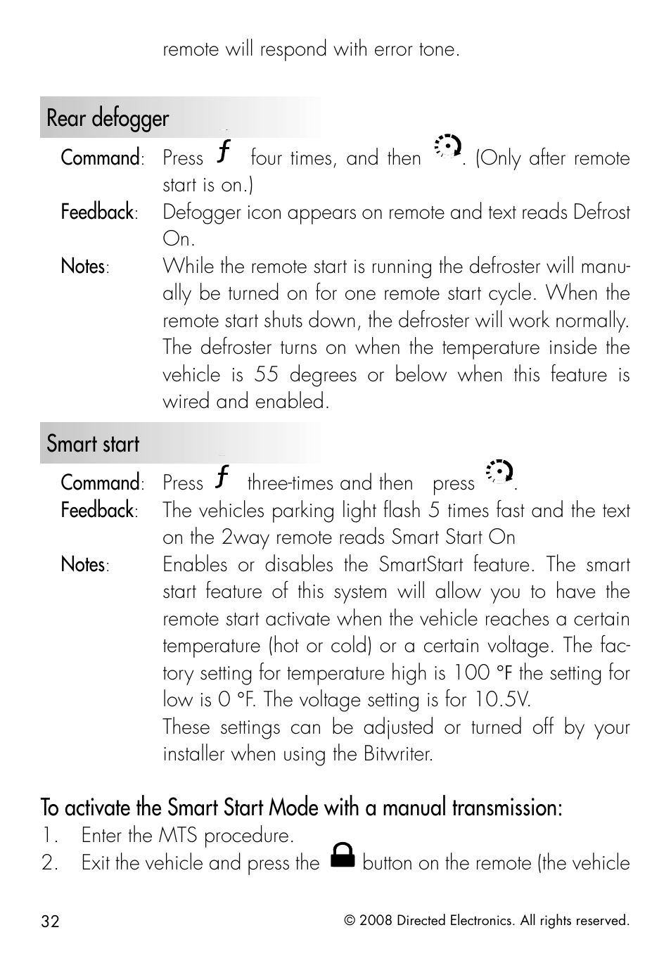 Rear defogger, Smart start | Python 991 User Manual | Page 32 / 60