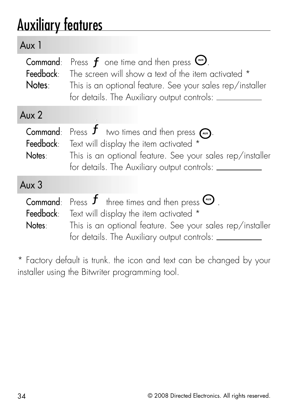 Auxiliary features, Aux 1, Aux 2 | Aux 3 | Python 991 User Manual | Page 34 / 60