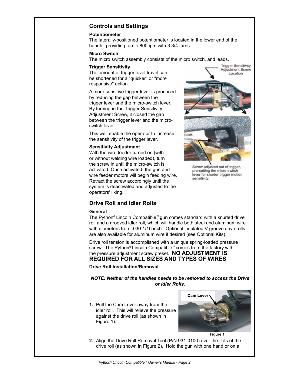 Controls and settings, Drive roll and idler rolls | Python 232-835 User Manual | Page 10 / 30