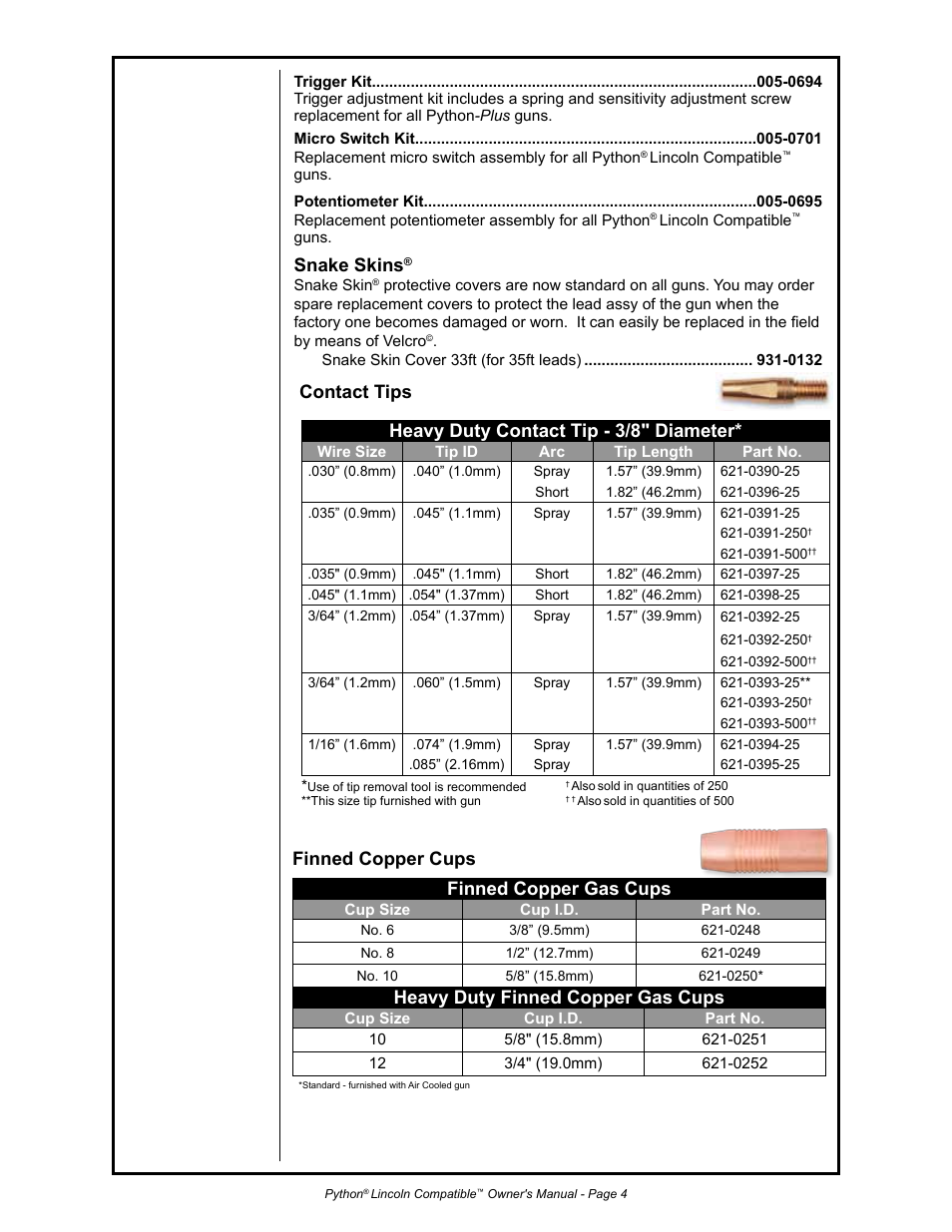 Snake skins, Finned copper gas cups, Heavy duty finned copper gas cups | Finned copper cups | Python 232-835 User Manual | Page 12 / 30