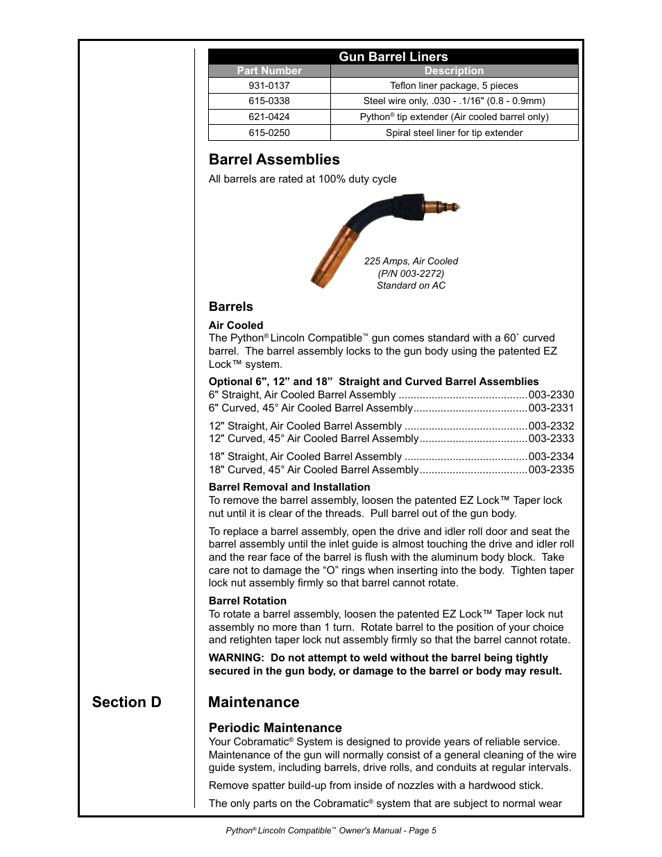 Barrel assemblies, Barrels, Periodic maintenance | Gun barrel liners | Python 232-835 User Manual | Page 13 / 30