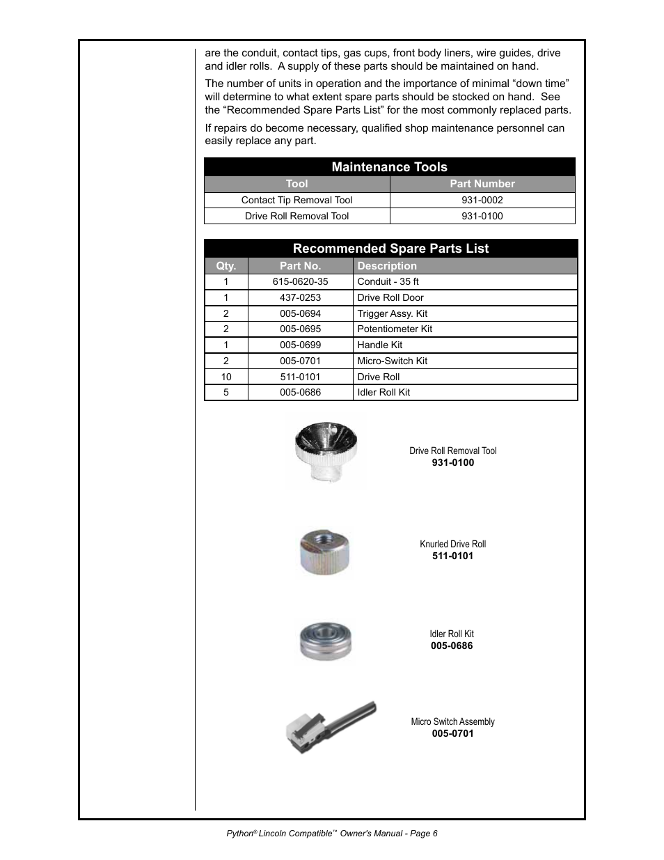 Maintenance tools, Recommended spare parts list | Python 232-835 User Manual | Page 14 / 30