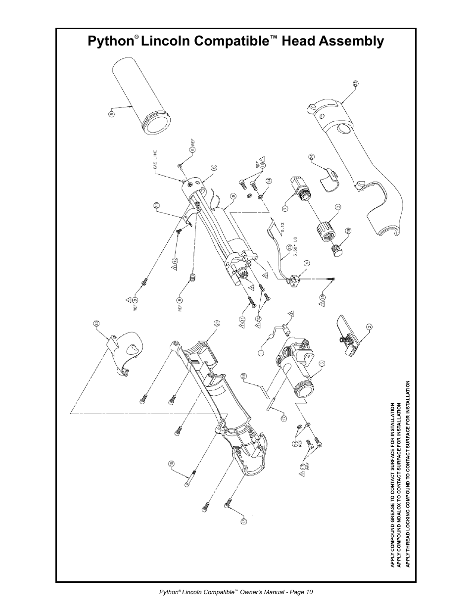 Python, Lincoln compatible, Head assembly | Python 232-835 User Manual | Page 18 / 30
