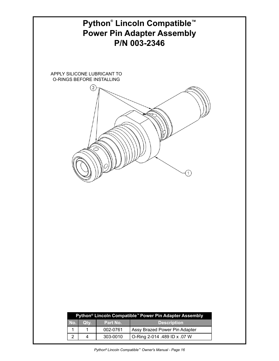 Python, Lincoln compatible | Python 232-835 User Manual | Page 24 / 30