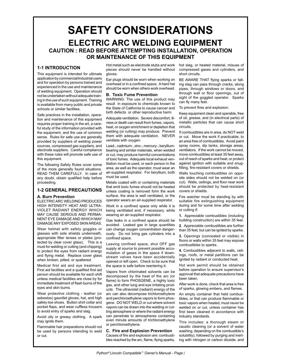 Safety considerations, Electric arc welding equipment | Python 232-835 User Manual | Page 5 / 30